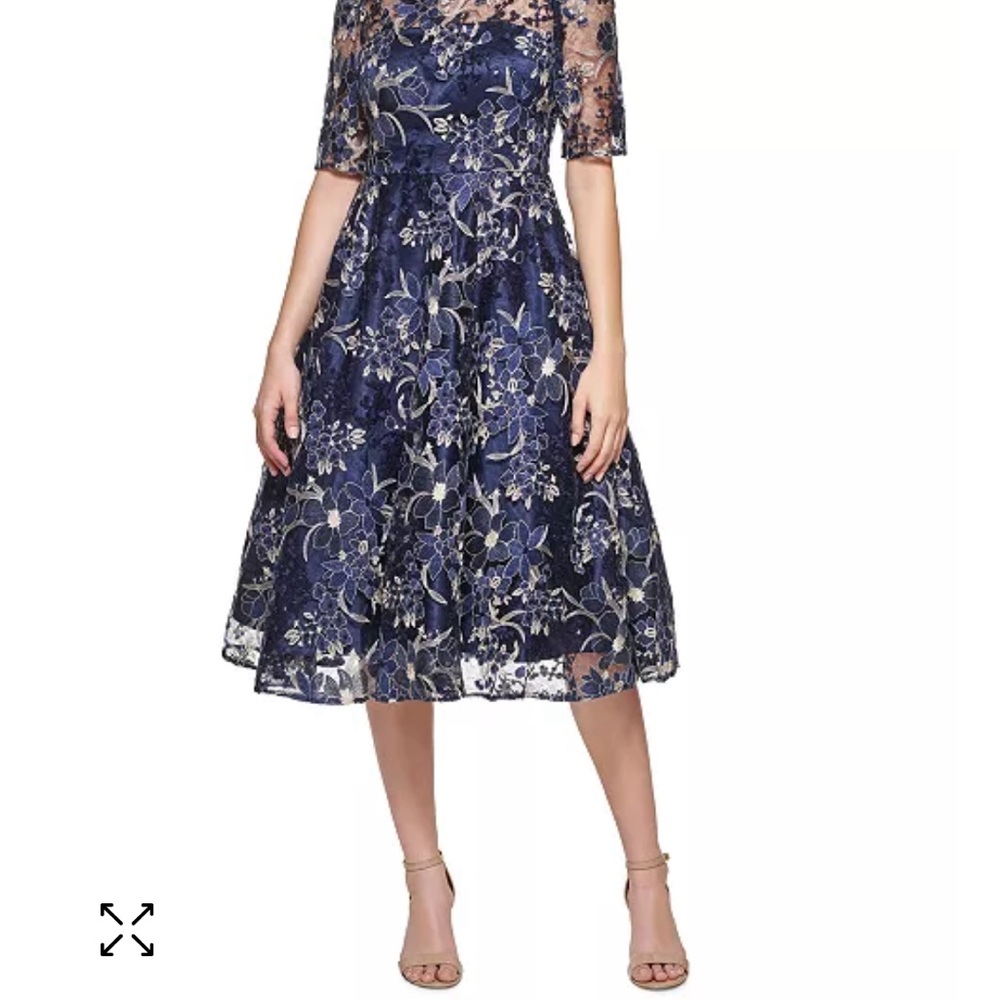 Eliza J NWOT Blue and Gold A-line Midi Dress